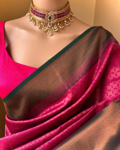 Soft Lichi Rani Pink Green Zari Border Premium Saree