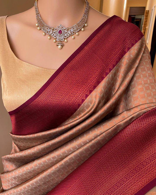 Soft Lichi Wine Beige Zari Border Premium Saree