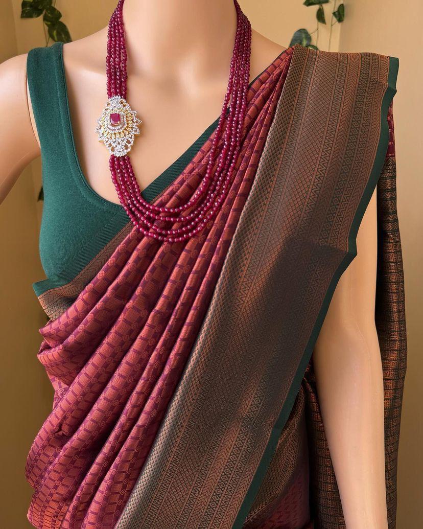 Soft Lichi Green Maroon Zari Border Premium Saree
