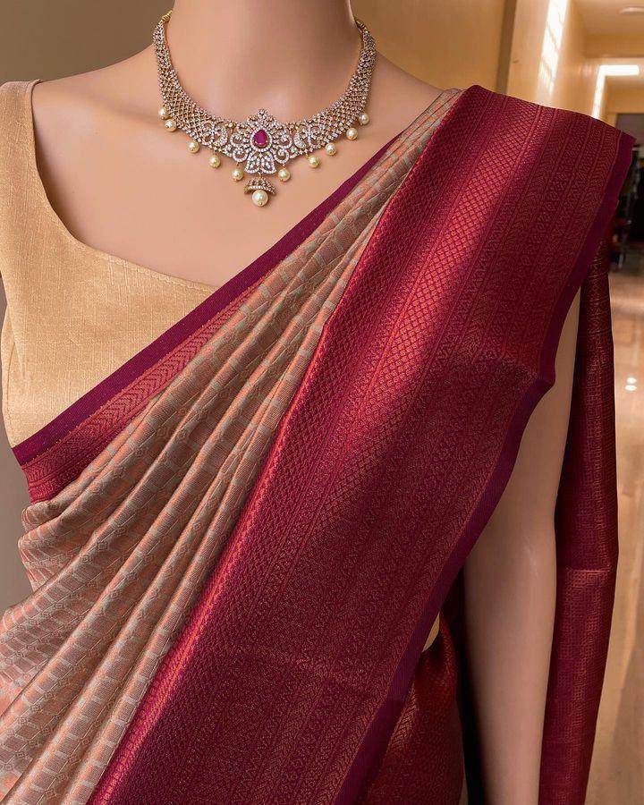 Soft Lichi Wine Beige Zari Border Premium Saree