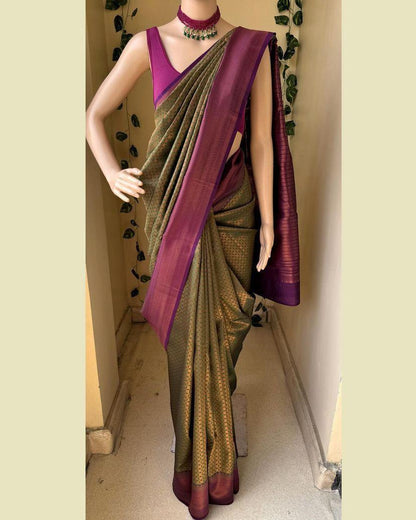 Soft Lichi Purple Green Zari Border Premium Saree