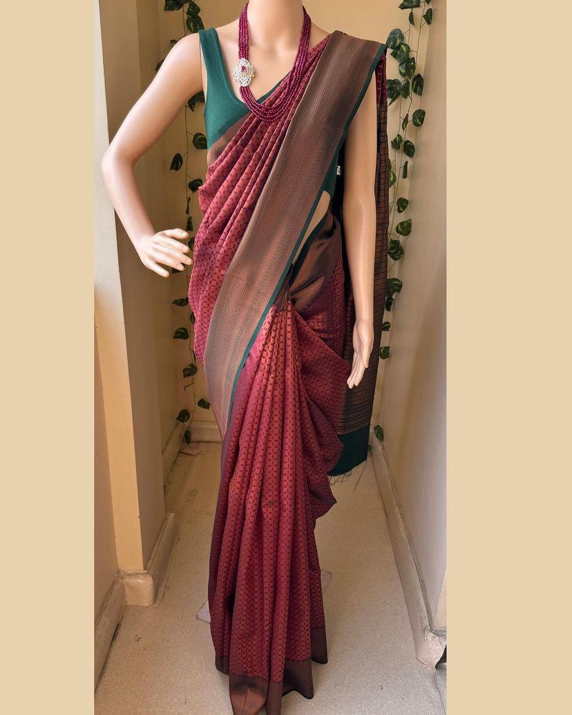 Soft Lichi Green Maroon Zari Border Premium Saree