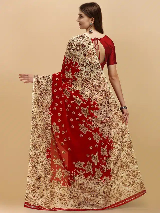 Georgette Printed Saree for Women (Red & Beige, 5.95 m)