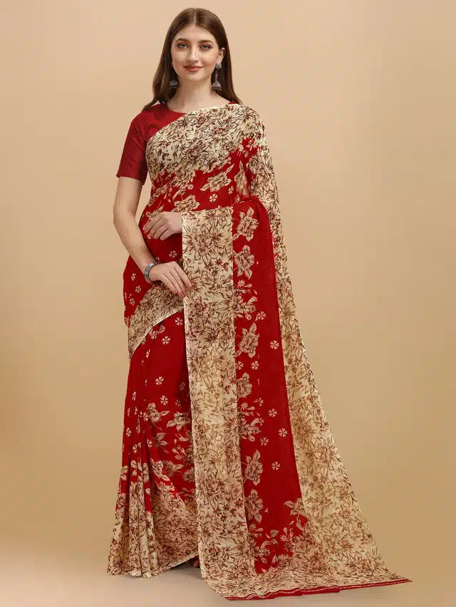 Georgette Printed Saree for Women (Red & Beige, 5.95 m)