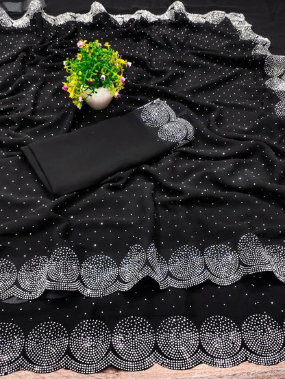 Georgette Embellished Saree for Women (Navy Blue, 6.3 m)