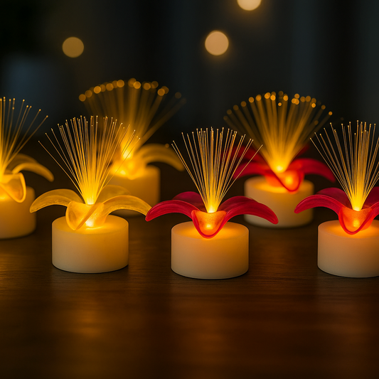 Set of 6 Fiber Optic LED Flower Tealight Candles for Home & Diwali Decoration