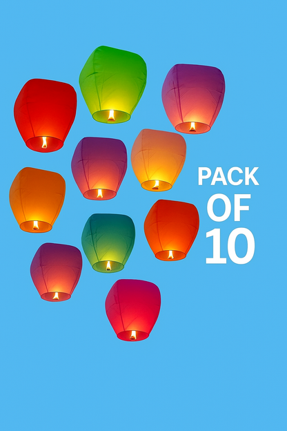 Pack of 10 Multicolor Sky Lanterns for Diwali, Festivals & Celebrations