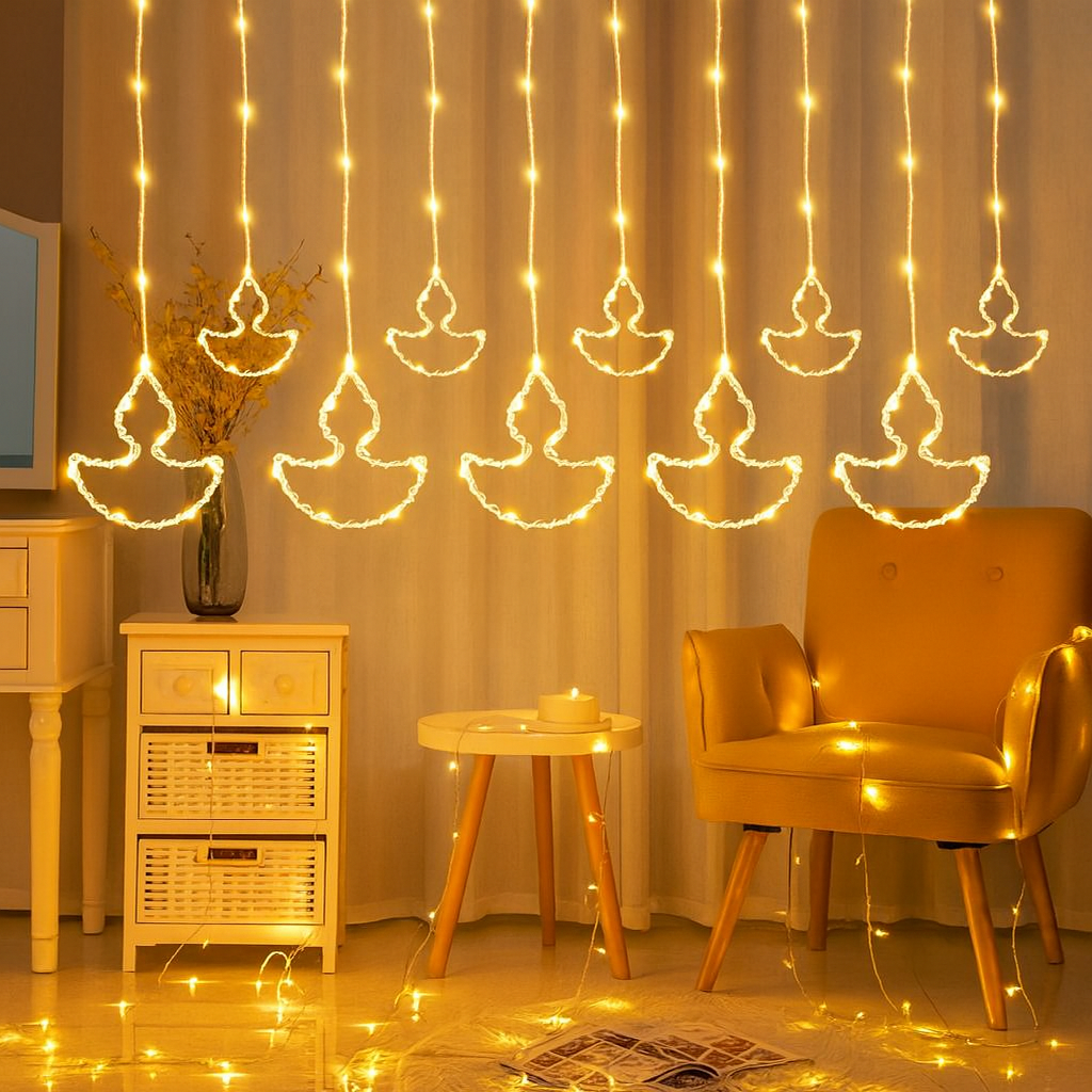 Diya Shape LED Curtain String Lights for Diwali Home Decoration – Warm White (8 Hanging Diyas)