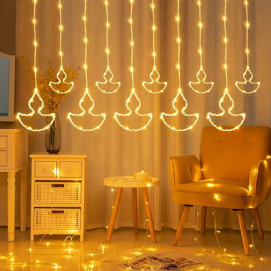 Diya Shape LED Curtain String Lights for Diwali Home Decoration – Warm White (8 Hanging Diyas)