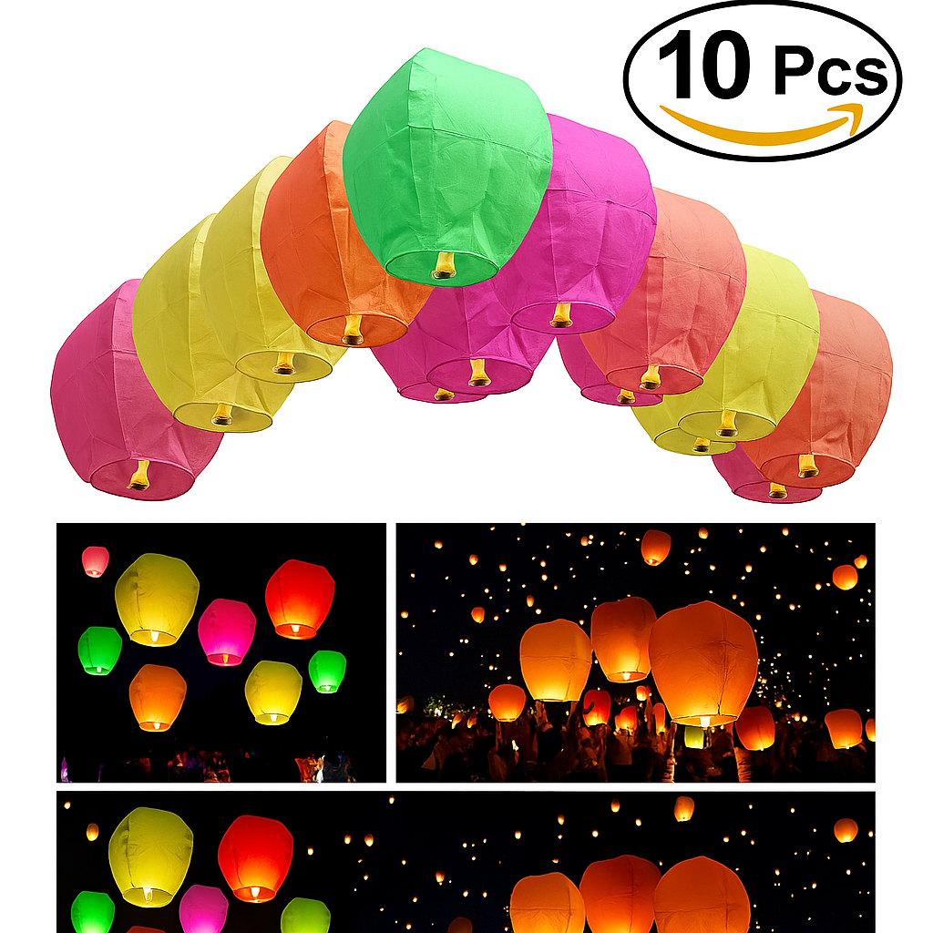 Pack of 10 Multicolor Sky Lanterns for Diwali, Festivals & Celebrations
