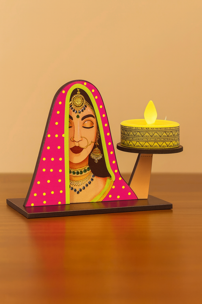 Set of 4 Rajasthani Lady Wooden Tealight Candle Holders for Diwali Decoration