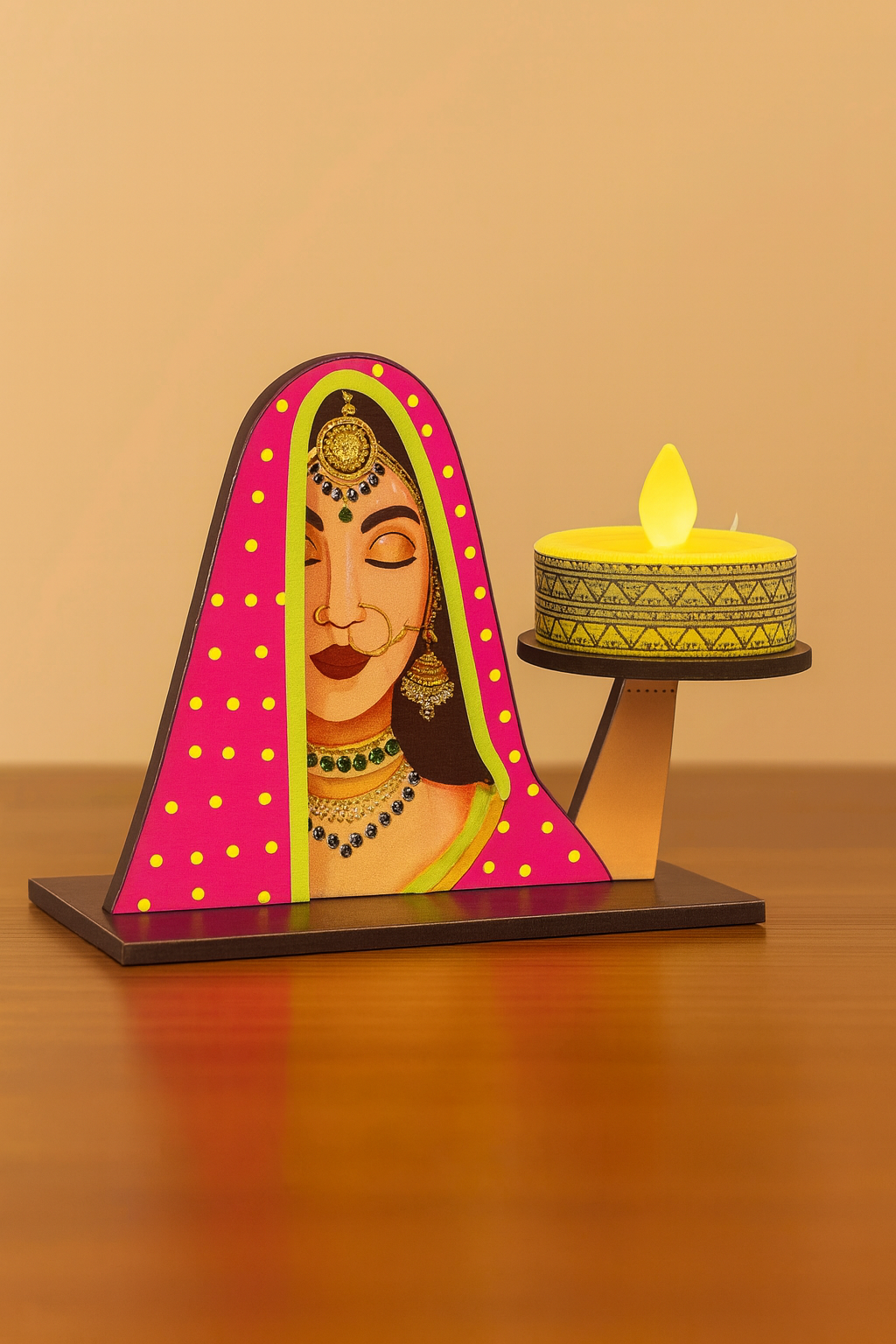 Set of 4 Rajasthani Lady Wooden Tealight Candle Holders for Diwali Decoration