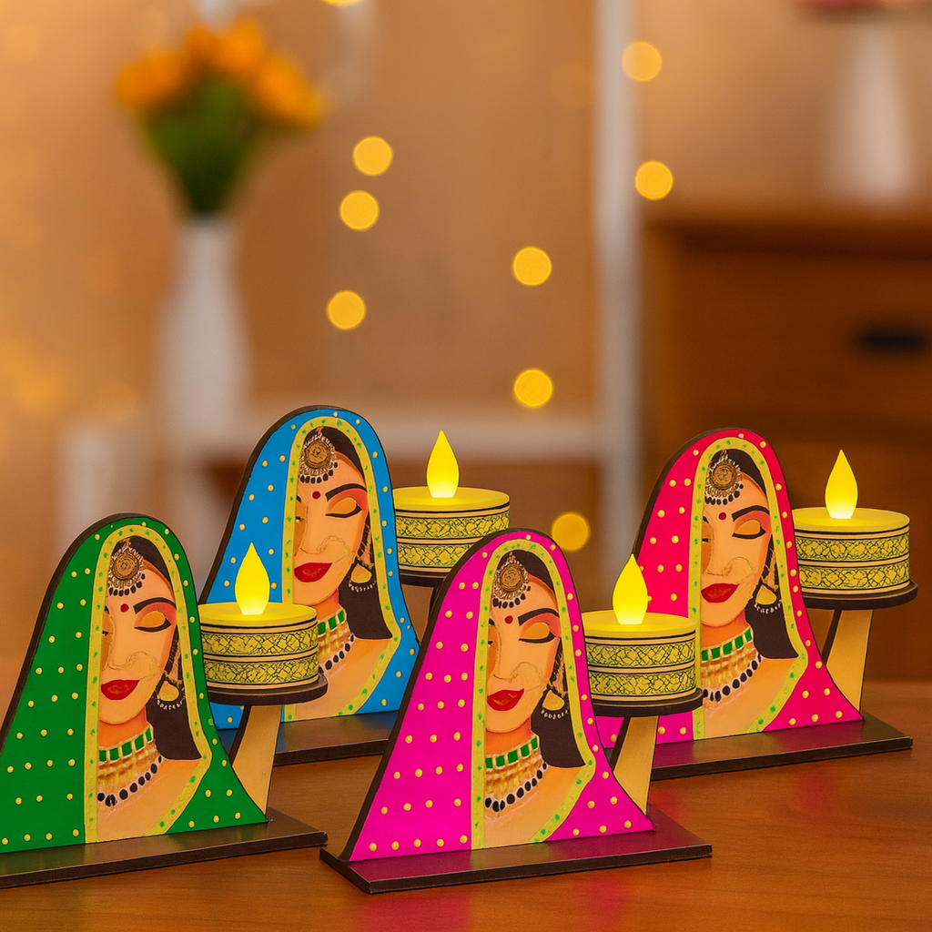 Set of 4 Rajasthani Lady Wooden Tealight Candle Holders for Diwali Decoration