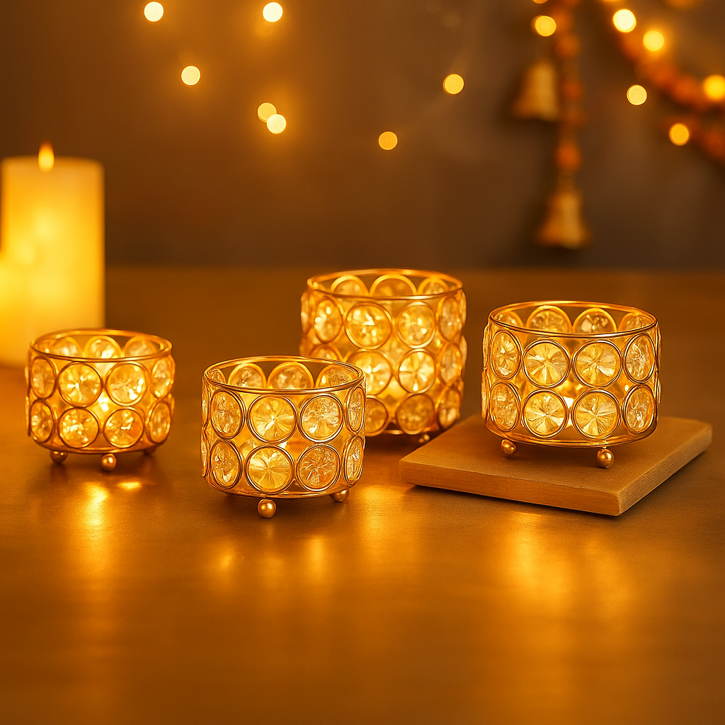 Azama Exports Crystal Tealight Candle Holder – Set of 4 | Elegant Diwali & Home Décor Item