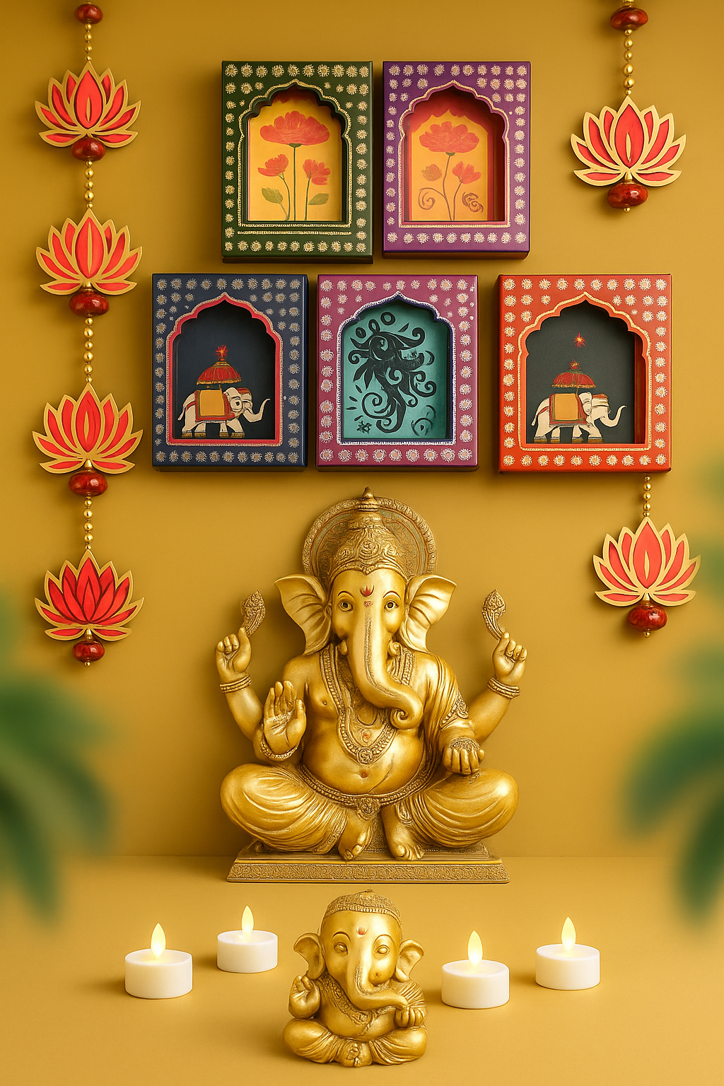 Premium Ganesha Idol with Handcrafted Wooden Wall Frames & Lotus Wall Hanging – Complete Diwali Home Décor Set