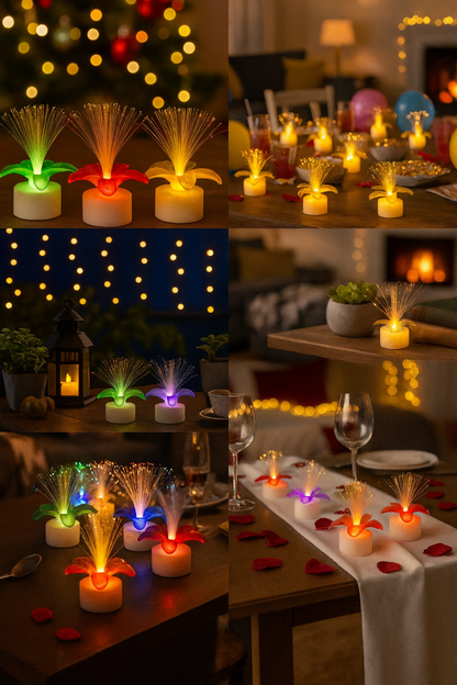 Set of 6 Fiber Optic LED Flower Tealight Candles for Home & Diwali Decoration