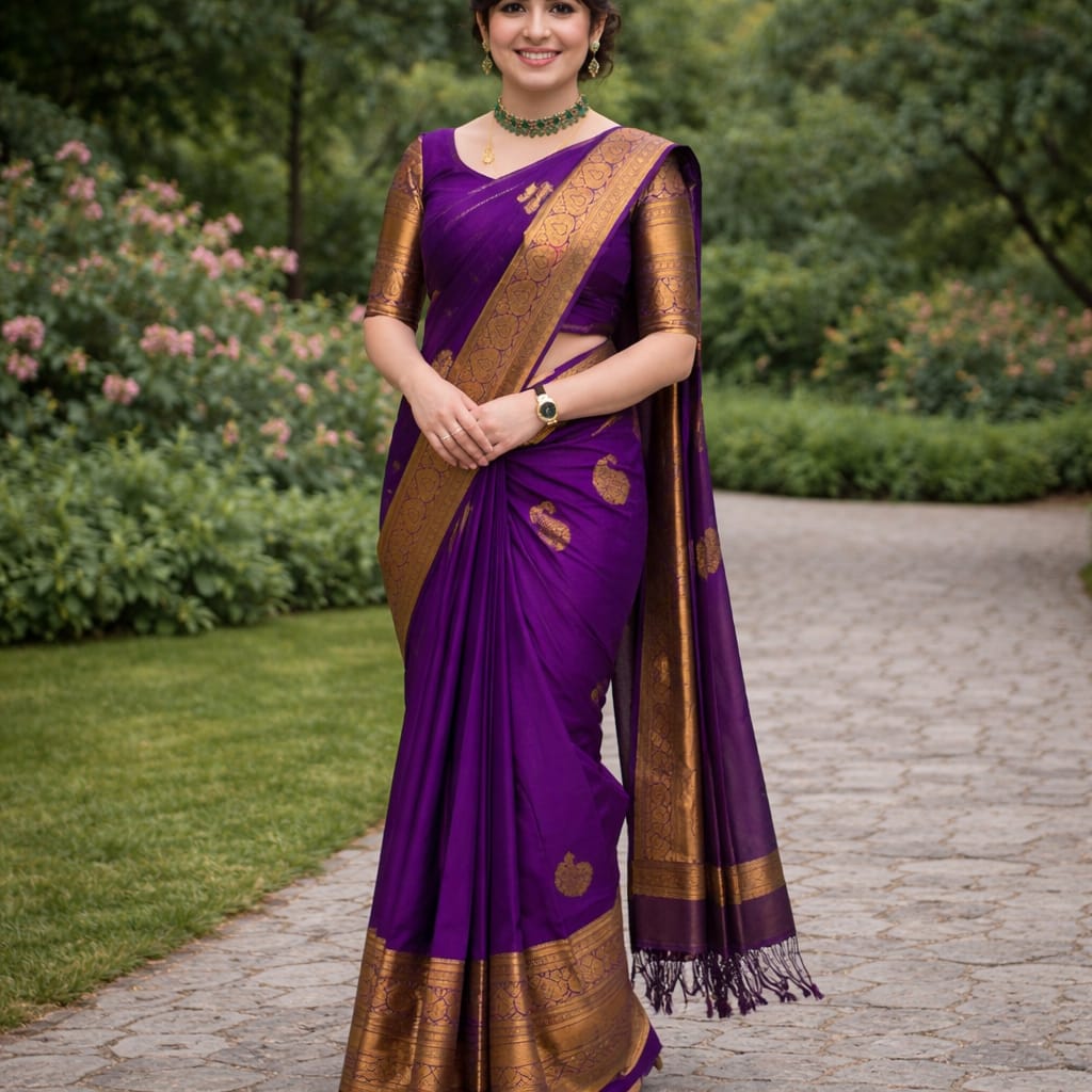 Soft Lichi Silk Royal Purple Premium Border Saree