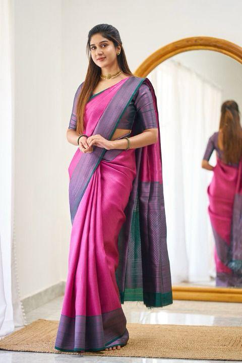 Soft Lichi Silk Rani Pink Saree with Dual Tone Zari Borderder