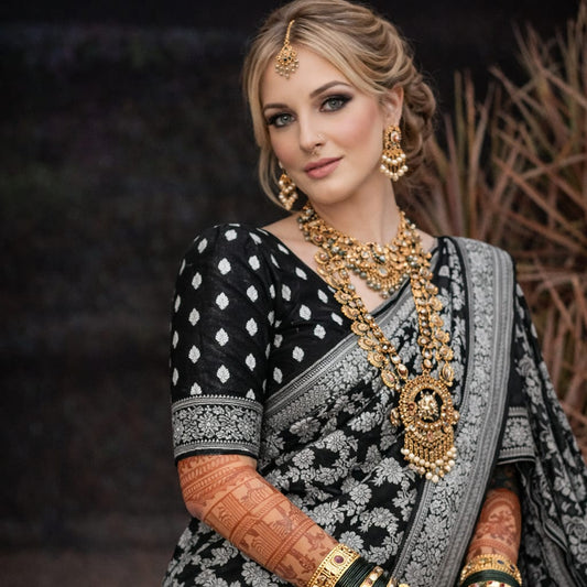 Soft Lichi Silk Saree – Black Zari Work