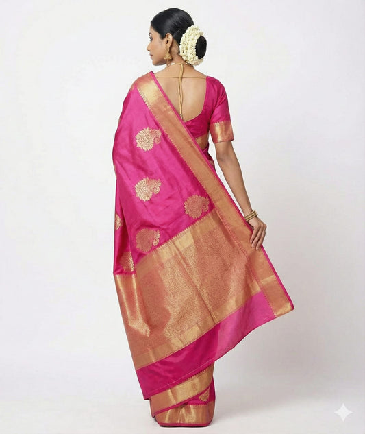 Soft Lichi Silk Rani Pink Saree with Golden Zari Border