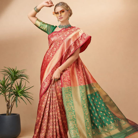 Soft Lichi Silk Saree – Red Green Zari
