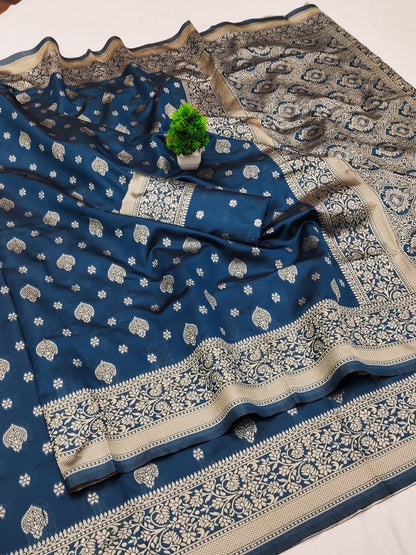 Royal Blue Lichi Silk Jacquard Saree with Rich Zari Border