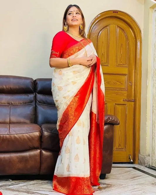 Soft Lichi Silk Saree – White Red Zari
