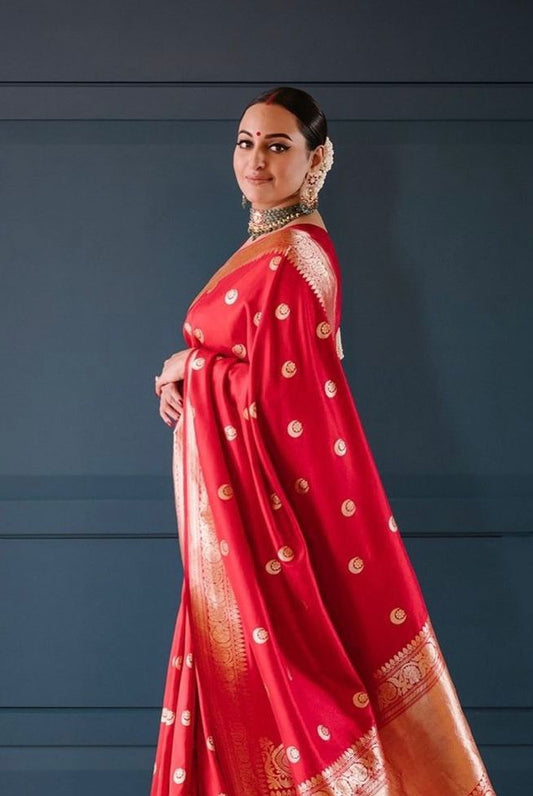 Soft Lichi Jacquard Zari Saree – Red