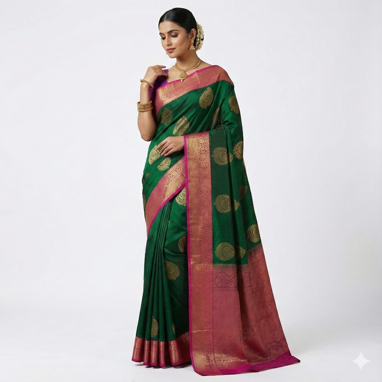 Green Pink Woven Festive Saree