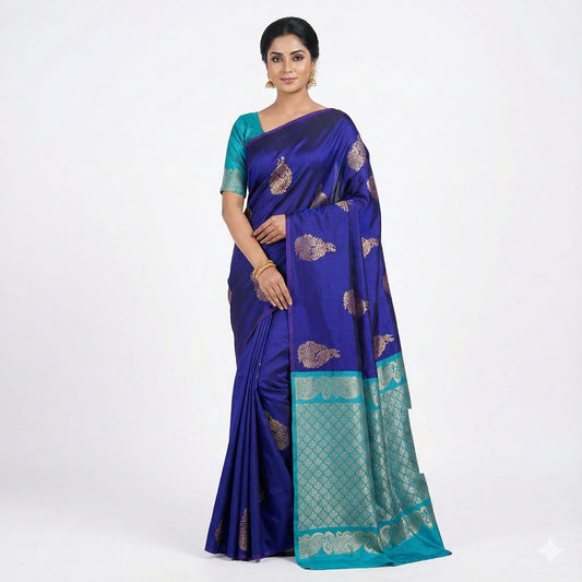 Soft Lichi Silk Royal Blue & Teal Zari Border Saree