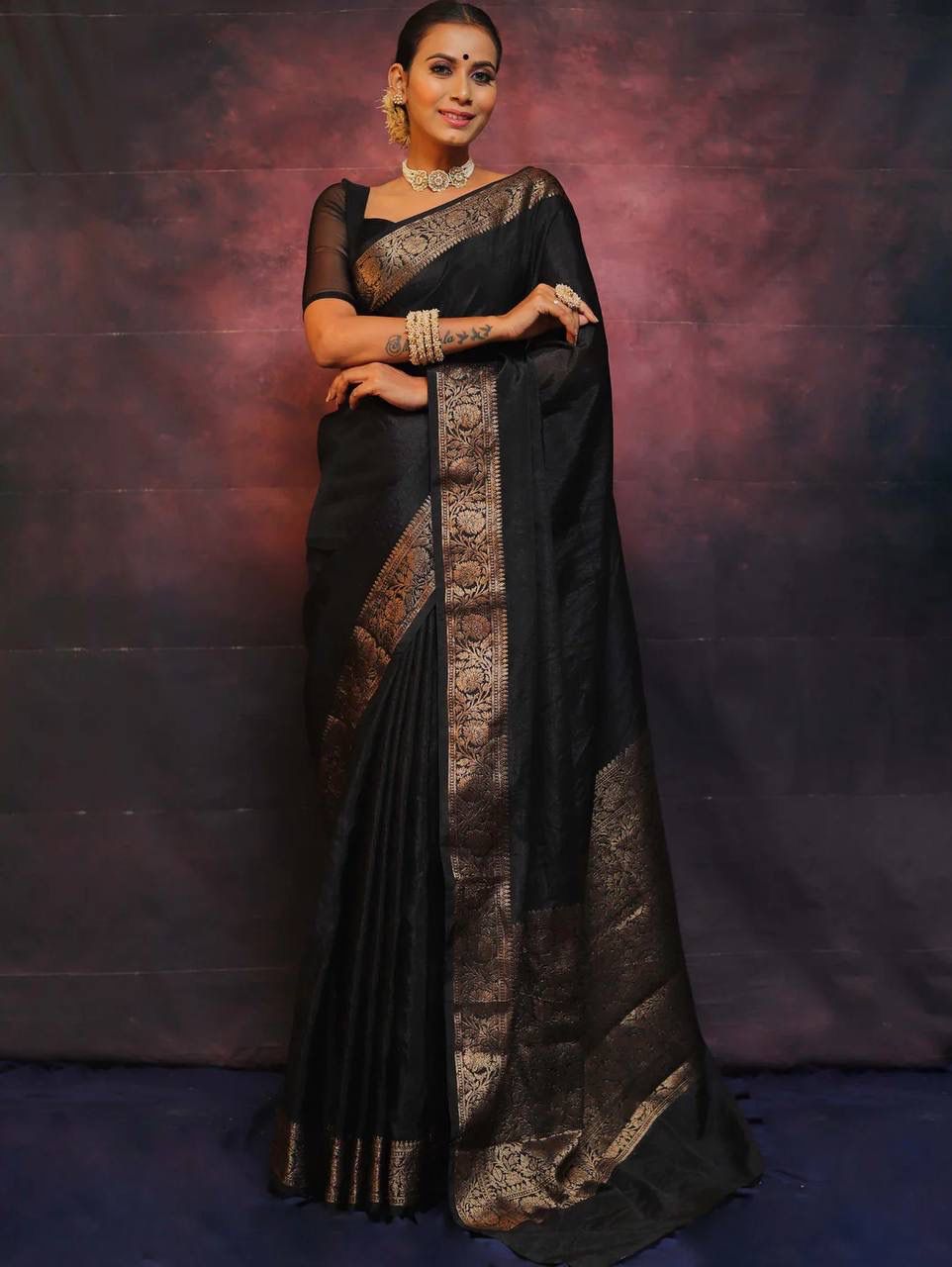 Black Soft Lichi Zari Work Saree