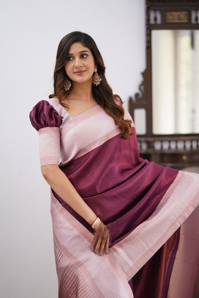 Soft Lichi Silk Wine Purple & Blush Pink Contrast Saree