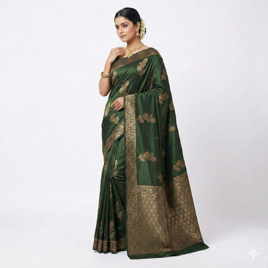 Dark Green Gold Woven Festive Saree