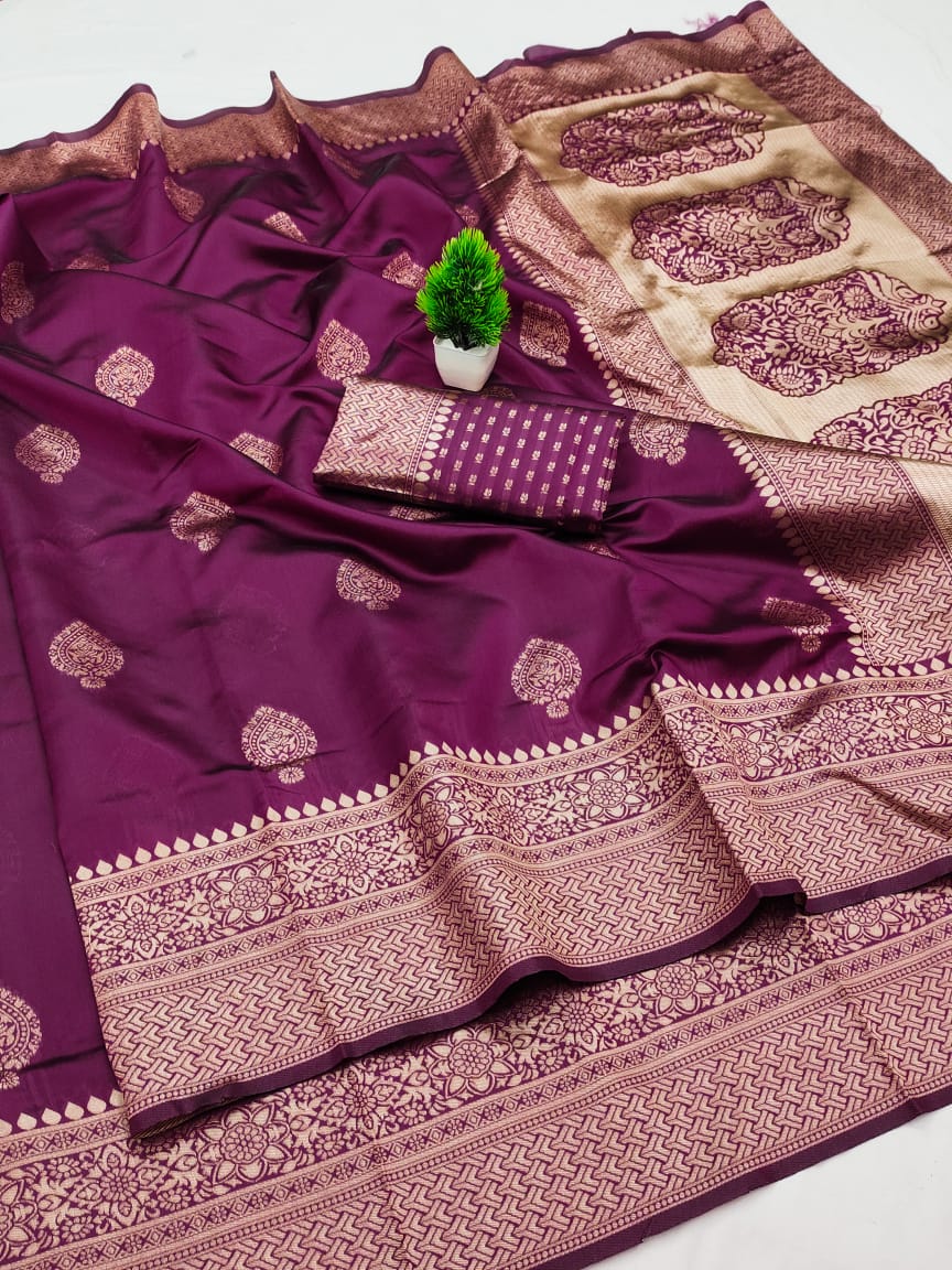 Soft Lichi Silk Saree – Wine Zari Border