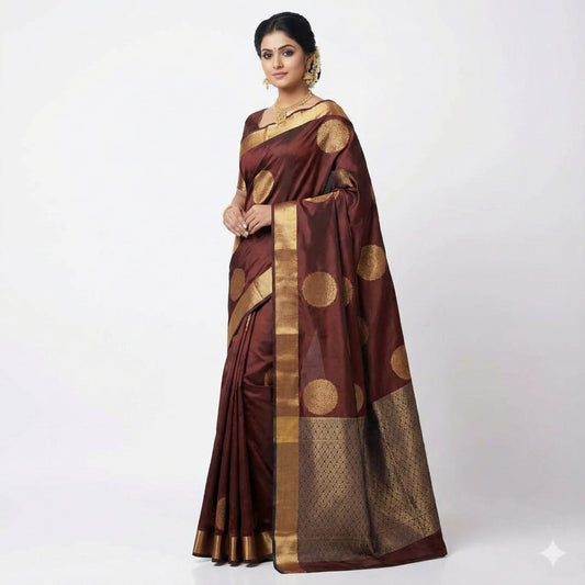 Chocolate Brown Gold Woven Saree