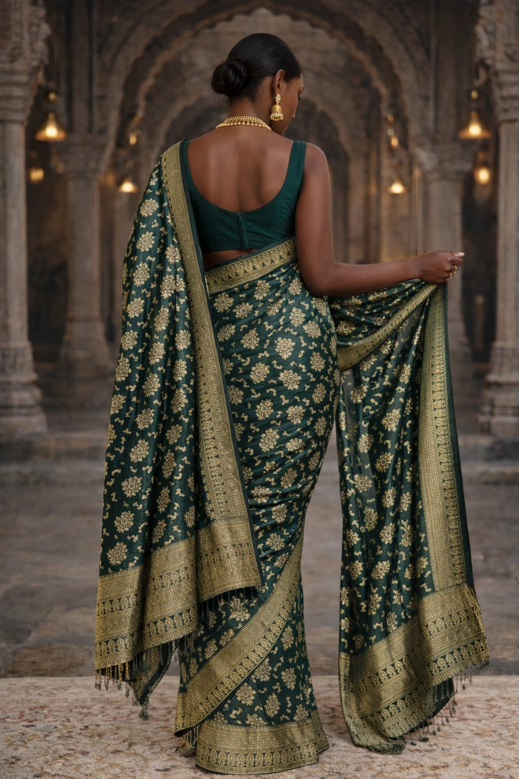 Soft Lichi Silk Saree – Dark Green Zari