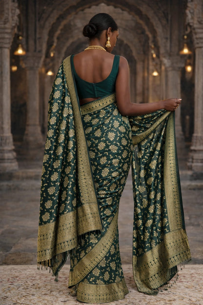 Soft Lichi Silk Saree – Dark Green Zari