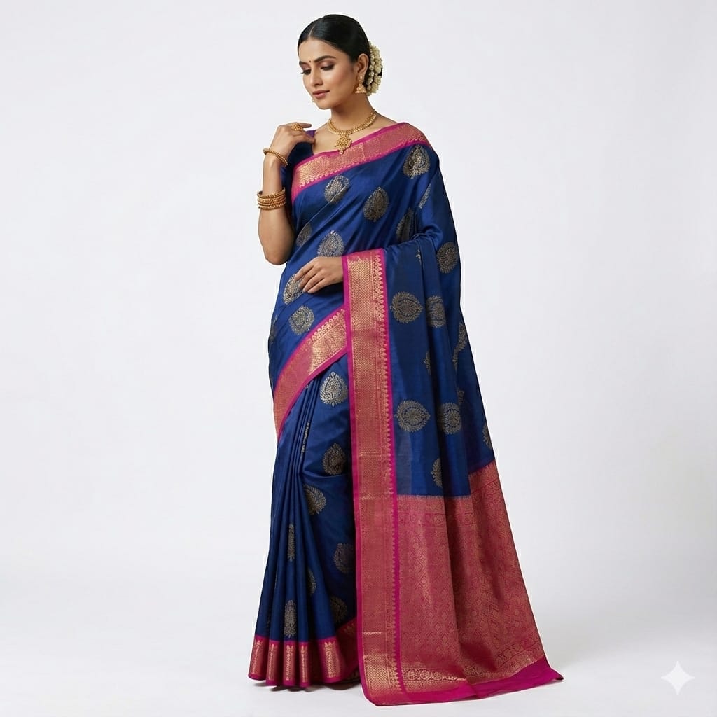 Royal Blue Pink Woven Saree