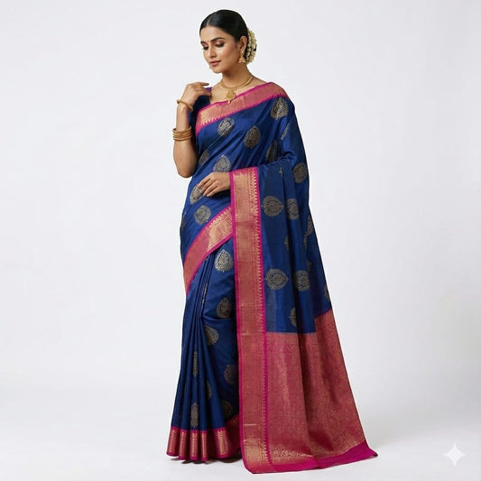 Royal Blue Pink Woven Saree