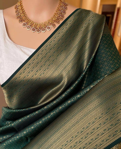 Soft Lichi Silk Bottle Green Zari Border Saree