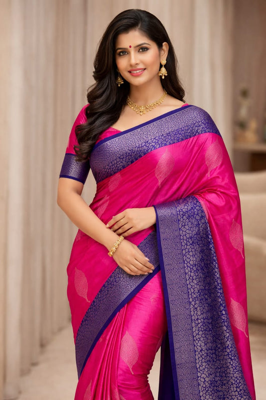 Soft Lichi Silk Saree – Pink Blue Zari