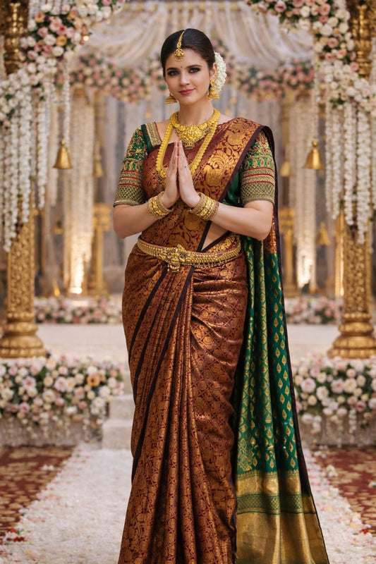 Soft Lichi Silk Saree – Brown Zari Work