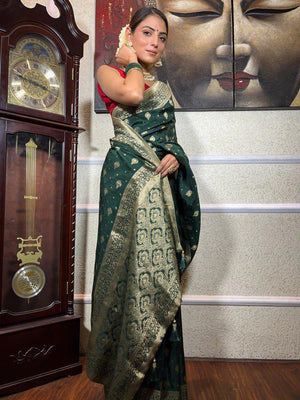 Dark Green Lichi Silk Jacquard Saree with Rich Gold Zari Pallu