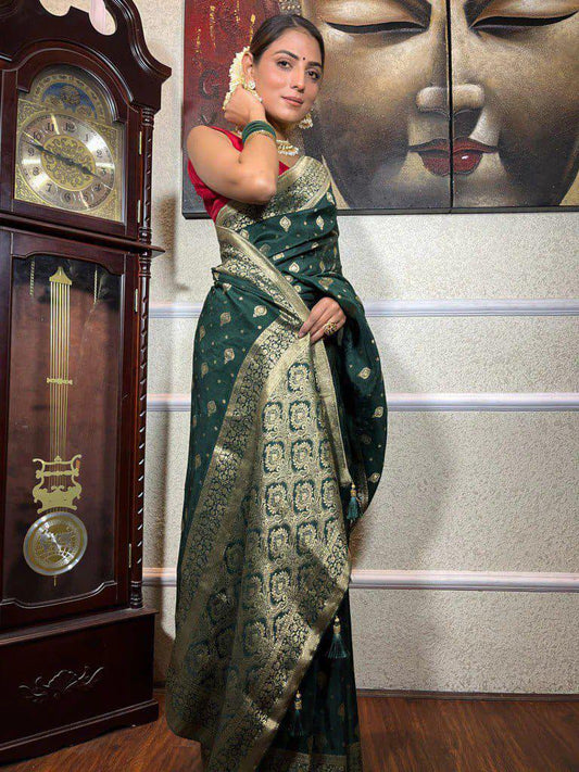 Dark Green Lichi Silk Jacquard Saree with Rich Gold Zari Pallu