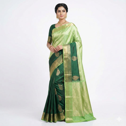 Soft Lichi Silk Dark Green & Light Green Zari Border Saree