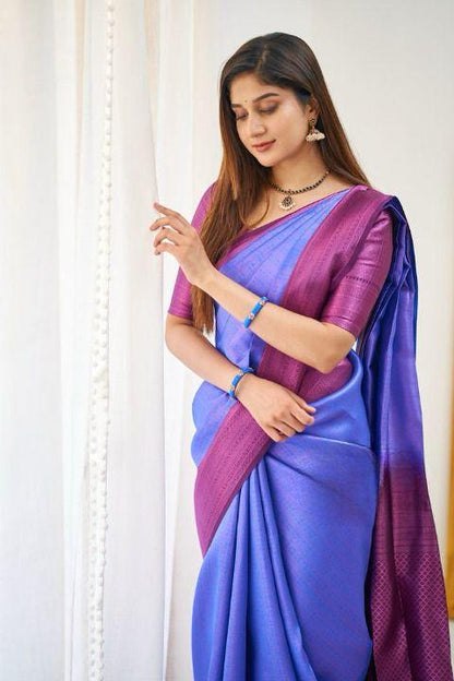 Soft Lichi Silk Blue–Purple Dual Tone Zari Border Saree