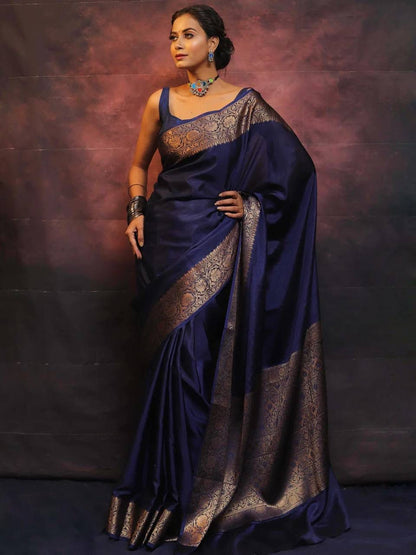 Navy Blue Soft Lichi Zari Work Saree