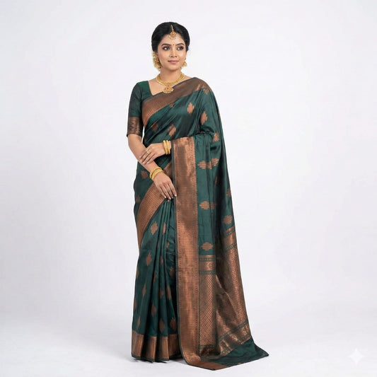 Soft Lichi Silk Bottle Green Premium Border Saree