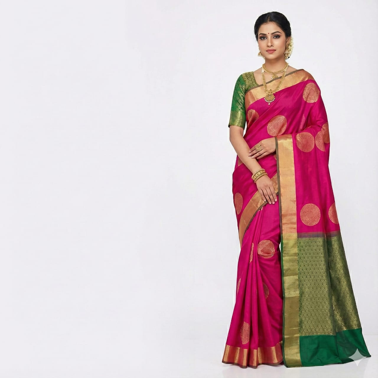 Rani Pink Green Gold Zari Woven Saree