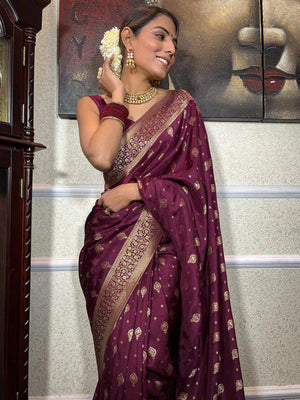 Wine Maroon Lichi Silk Jacquard Saree with Rich Gold Zari Border